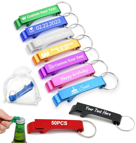 50Pcs Personalised Bottle Opener Keyring - Engraved Customised Text/Logo Bottle Opener Bulk for Wedding Party Favors Gift for Guests (50pcs)