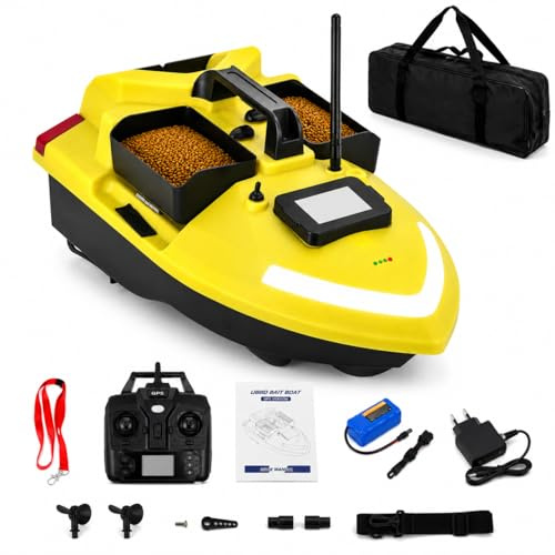 Garbenat Bote de cebo de pesca teledirigido, 500 m, barco alimentador con GPS, 2 cajas de cebo, cebo de pesca, barco de pesca ABS, kit para lagos, ríos, mares con batería de 12 Ah, 40 puntos de