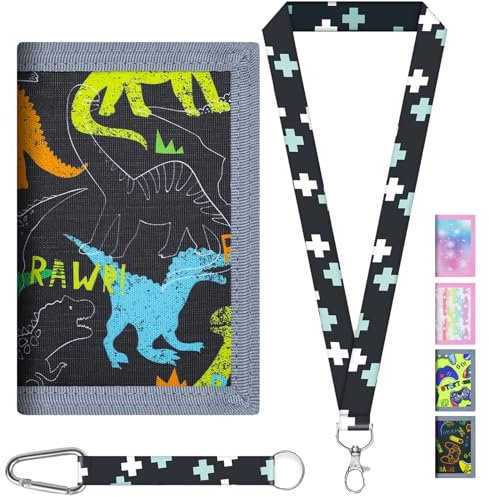 AUNGCSHE Kinder Portemonnaie Jungen, Dinosaurier Brieftasche Kinder Alter 4-12 Trifold Brieftasche Kleine mit Schlüsselband, für Weihnachten Geburtstag