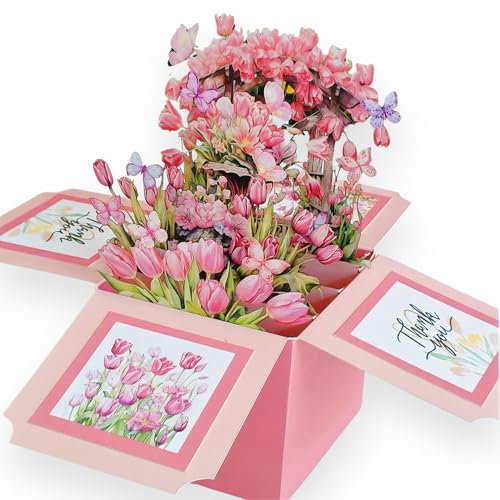 JanYoo 3D Pop Up Karte Mum Happy Birthday Tulpenstrauß Grußkarte, Feste Grußkarte Cards Mit Umschlägen, 3D Blumenstrauß Grußkarte für Mama Frauen Familie und Freunden
