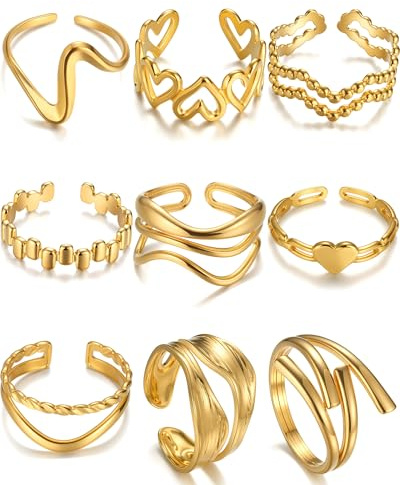 BETTY&SARAH 9PCS Gold Rings for Women Non Tarnish, 18K Gold Plated Chunky Adjustable Stackable Rings, Open Stacking Knuckle Ring Set Gifts