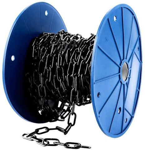 VIDETOL Cadena de Metal de 15 m de 3 mm, Cadena de Acero Redonda, Cadena Fuerte de Acero al Carbono Negro para Lámparas, Perros y Barreras