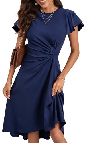 LIUPMWE Women's Cocktail Dresses Elegant A-Line Formal Wedding Guest Dresses Ruched Waist Ruffle Sleeve Evening Party Dress,L,Blue 52