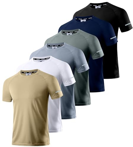 Sportkläder för män, 1/3/4/5/6-pack | Slim fit sportskjortor | andas, snabbtorkande och lätta | med reflekterande detaljer för fitness, löpning och träning, 6: svart/marinblå/mörkgrå/vit/khaki, S