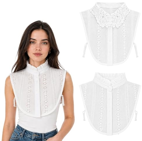 2 Pack Detachable Fake Collar for Women, Cotton Jacquard Lace False Collar | White Half Shirt Blouse Top, Adjustable Straps, Collar Extender