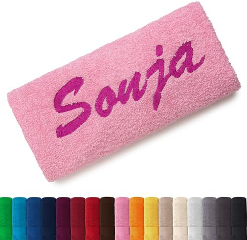EllaTex Besticken Sie Handtuch mit Namen oder mit Wunschtext Bestickt, Farbe:Rosa; Größe:Handtuch 50x100 cm