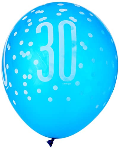 Vibrant 30th Glitz Latex Balloons in Light Blue, Royal Blue, & White (30cm) - Perfect for Parties, Celebrations & Events - 6ct
