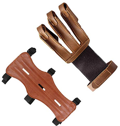 Techson Protège-bras et doigts pour tir à l'arc en cuir avec 3 boucles de sangle, pour tir à l'arc de chasse (Marron)