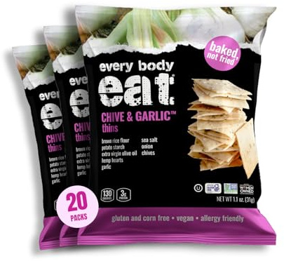 Every Body Eat Snack Thins Chive & Garlic - Gluten Free, Dairy Free, Vegan, Seed Oil Free, School Safe Lunch Snacks (20 Count 1.1oz Single Serve)