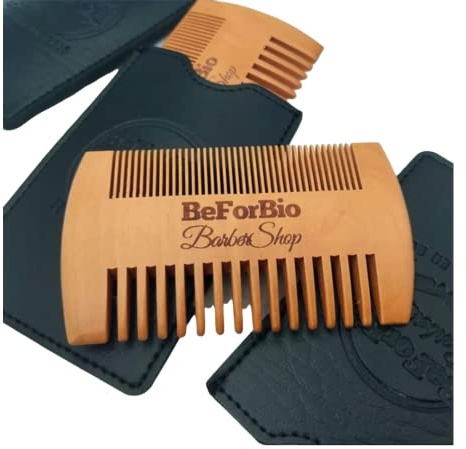 BEFORBIO LE PEIGNE EN BOIS - PEIGNE À BARBE EN BOIS ULTRA LEGER AVEC POCHETTE EN CUIR