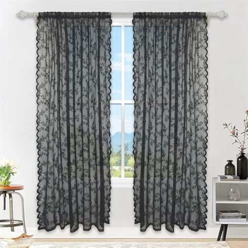 GYROHOME Floral Lace Sheer Curtains, Rod Pocket Window Voile Sheer Drapes for Bedroom, Vintage Style Single Panel Textured Sheer Curtains,Black-57x63inch