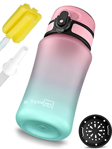 My Vesperbox – Minny – drickflaska för barn läckagesäker – 350 ml, 500 ml, 750 ml – med sugrör eller sil – lätt tritan vattenflaska – BPA-fri – för dagis, skola (rosa/turkos 350 ml)