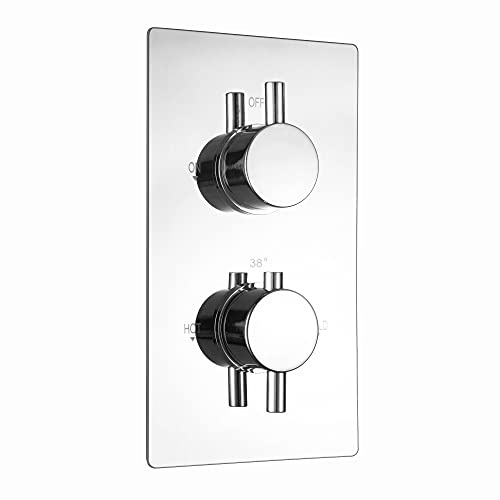 ENKI, Naples, TSV075, Concealed Thermostatic Twin Diverter Shower Mixer Valve with Two Outlets, Round Handles, Modern Bathrooms, Constant Temperature, Chrome