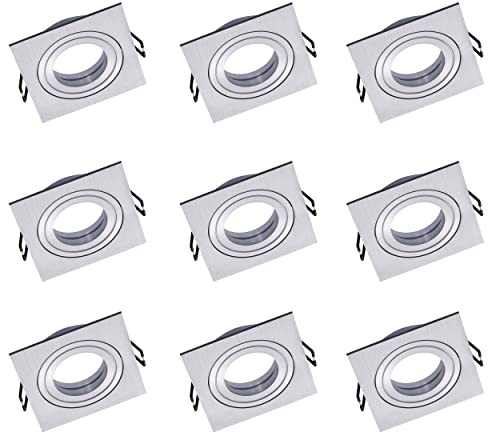 Oktaplex uppsättning med 9 Lyon infällda spottar svängbar 30° 90 x 90 mm mycket platt 80 mm installationsmått aluminium borstad spotlights fyrkantiga GU10 kompatibel takspots-ram silver