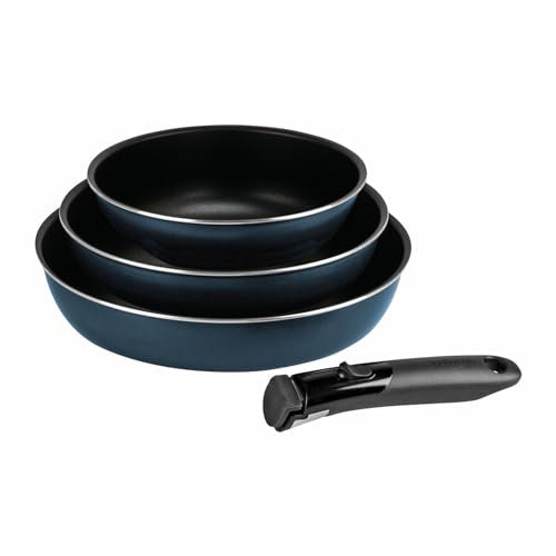 Sitram 714253 - Juego de 3 sartenes (aluminio prensado, 20/24/28 cm, revestimiento interior antiadherente, 2 capas, color azul metálico mate, mango extraíble SITRAMOVIBLE, todos los fuegos, incluida