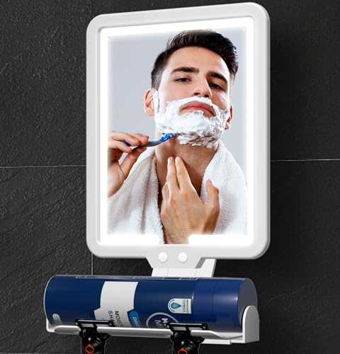Specchio da doccia antiappannante con luce, grande 23*17,5 cm Specchio da barba riscaldato antiappannamento, luce dimmerabile a 3 modalità di colore, con vassoio portaoggetti e porta rasoio