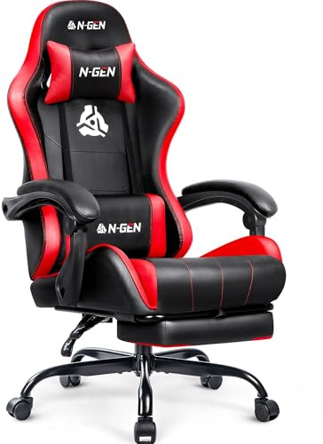 N-GEN GAMING Video Gaming Chair with Footrest Lumbar Support for Home Office High Back Recliner Height Adjustable Ergonomic Comfy Leather Computer Desk Chair (Red)