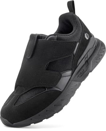 FitVille Mens Extra Wide Fit Trainers Walking Running Shoes Easy Close Orthopedic Shoes Comfortable Athletic Sneakers for Swollen Feet Flat Feet Plantar Fasciitis - Rebound Core V10 Jet Black