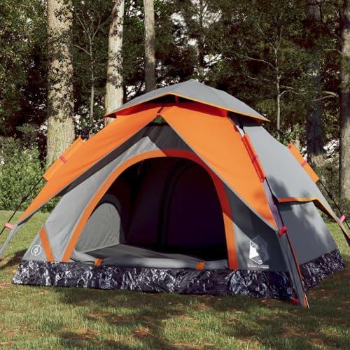 Tino Tech 230 x 230 x 140 cm - Tente de camping dôme pour 4 personnes - Coupe-vent - Tente familiale - Grande tente à lancer - Tente de festival - Tente de trekking - Polyester - Gris et orange