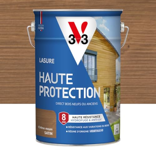 V33 Lasure Bois extérieur Chêne moyen satin - Haute Protection 8 ans - Haute résistance hydrofuge et anti-UV - Résiste aux variations du bois - Ecolabel, résine d'origine végétale - 5L | Haute Protection 8 ans - Haute résistance hydrofuge et anti-UV - Résiste aux variations du bois - Ecolabel