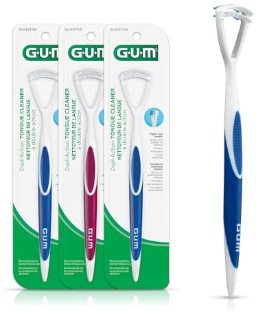 GUM Limpiador de lengua, cepillo de lengua de cerdas suaves de doble acción con raspador de lengua para una mejor higiene bucal, tratamiento para el mal aliento (3 unidades)