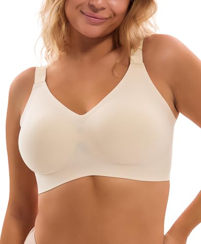 Redgray Women's Minimizer Bra Wireless Full Coverage Seamless Comfort Plus Size No Underwire Everyday T-Shirt Jelly Bra (38D,Nude)