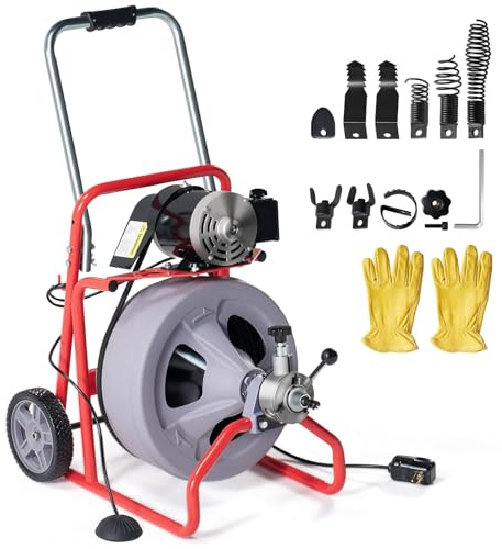 Albott 75 FT x 1/2 inch Electric Drain Cleaner Machine with Auto-Feed & 9 Cutters, Sewer Snake Auger for 1–4 Inch Pipes, Foot Switch & Wheels, Ideal for Home & Commercial Use, Grey/Red