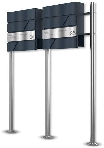 Graviers Design Cassetta postale doppia autoportante in antracite RAL 7016 con supporto - Nome, numero civico e nome della via incisi al laser in acciaio inox - Serratura design 2
