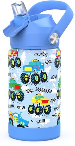 Ntswasd Vattenflaska i rostfritt stål sugrör termosflaska 350 ml-BPA fri läckagesäker termovattenflaska för skola, sport, barn (monster lastbil)