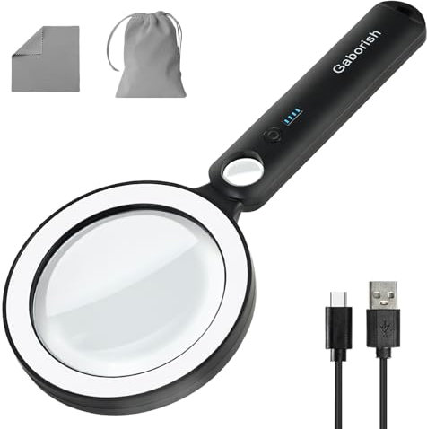 GABORISH Large Magnifying Glass with Light, 10X 30X Magnifying Glasses for Reading with 36 LED & 5 Modes, USB Rechargeable Glass Lens Handheld Magnifier with Light for Seniors, Inspection(White&Black)