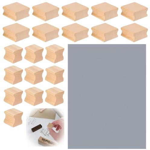 Pyuyan DIY-Stempel, 20 PCS Blanko-Stempelhalter aus Hartholz für Lasergravur, mit Grauem Stempelbogen Aus Gummi, 2cm /4cm