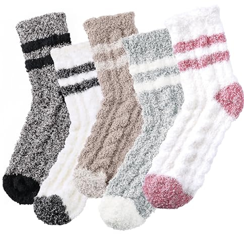 Fullogo 5 Pair Fluffy Socks for Women - Fluffy Sock Womens, Soft Cosy Sock Slipper Socks for Women, Womens Winter Super Warm Fuzzy Bed Socks, Solid Color