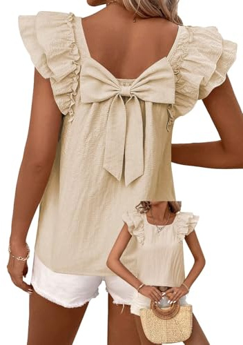 TUUHAW Femme Chemisier Summer Top Chic et Élégant Haut à Volants Nœud | Femme Chemisier Summer Top Chic et Élégant, Haut à Volants Tunique Été Lâche Mousseline Blouse, avec Dos à Nœud Col Rond