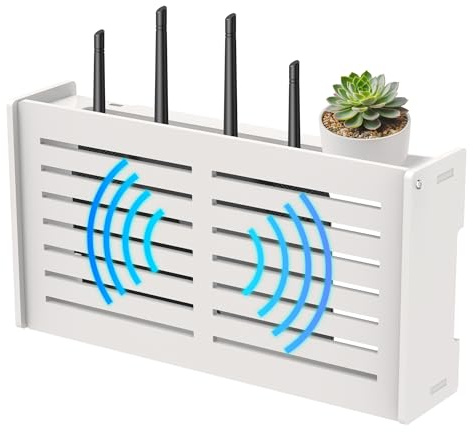 OVECIOPO Router Shelf Wall Mount WiFi Router Box Hider Modem Cover with Cable Management Power Strip Organizer Storage Box Multiple Cable Holes (White)