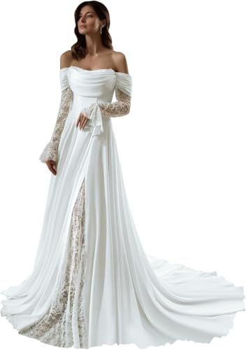 Generico Abito da Sposa in Raso con Spalle Scoperte in Pizzo A Maniche Lunghe Abito da Ballo A Trapezio con Applicazioni in Pizzo E Perline Abito da Sposa Scintillante Style2-white XXS