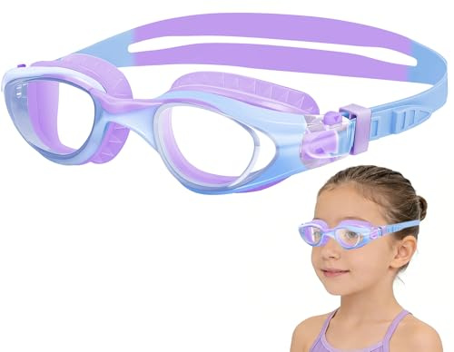 Vvinca Kids Swim Goggles, UV Protection, Ages 6-14 | Wide View Clear Lenses with Anti-Fog Coating and Soft Leak-Resistant Seals for Kids Ages 6-14