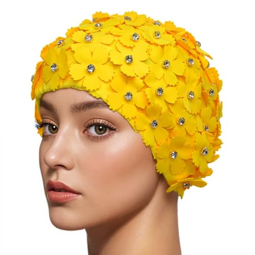 Medifier Cuffia da nuoto in stile rétro con strass e motivo floreale, da donna, donna, Yellow, one size fit all
