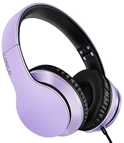 LORELEI X6 - Cascos con micrófono, ligeros, plegables, estéreo, bajos, 1,45 m de cable sin enredos, auriculares con cable para smartphone, tablet, MP3/4, morado-negro