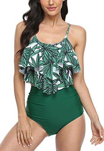 Sixyotie baddräkt för kvinnor tvådelad baddräkter veckad topp med hög midja botten bikini set badkläder, Agreenbamboo, M