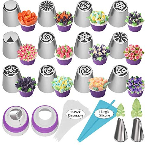 Set di 27 punte per tubazioni russe, per decorare torte, accessori da forno, kit di strumenti per glassare e glassare i fiori e le punte per biscotti e cupcake con sacchetti da pasticceria