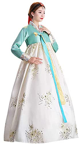 Vestido Hanbok bordado para mujer Traje tradicional coreano chaqueta corta falda completa Cosplay Performance Wear (68 # turquesa+amarillo claro, L)