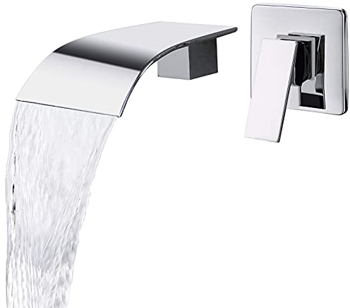 SHANFO Robinet de lavabo mural cascade chromé Mitigeur mural à 2 trous encastré avec bec de 12,5 cm de large en laiton CPB1