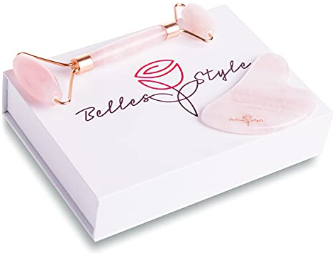 Belles Style Facial Massage Roller, Jade and Rose Quartz Roller,Great Eye Roller and Lymphatic Drainage Massager, Ice Massager, Eye Puffiness Relief, (Rose Quartz Roller with Gua Sha)