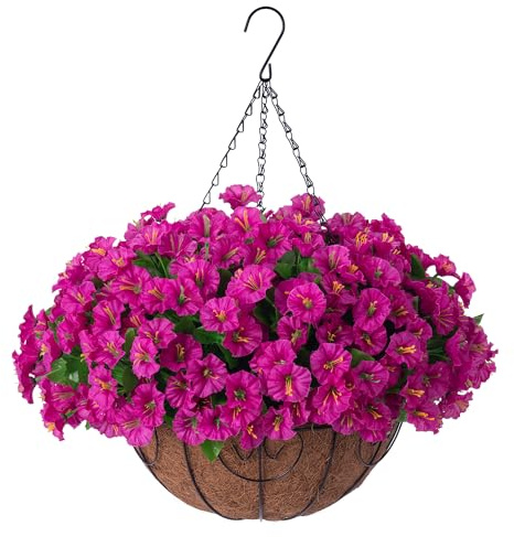 Homsunny Artificial Hanging Flowers Plants with Basket for Outdoors - Fake Petunias Flowers Fake Silk Morning Glory Planter for Outside Porch Patio Balcony Garden Spring Summer Decor(Purple red)