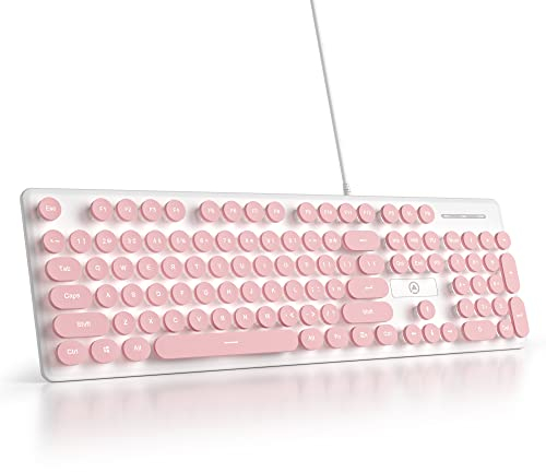SOLIDEE Sólido Teclado de Membrana 100%,104 Teclas Punk Máquina de Escribir Retro,Teclado de Membrana de Teclas Redondas,con Cable USB para PC/Win/Mac/Ordenador portátil(Americano QWERTY)(V300 Pink)