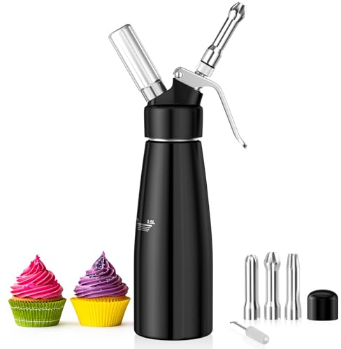 Newaner 500 ml sifón de Cocina espumas, sifon de Nata Aluminio con 3 boquillas Acero Inoxidable y 1 Cepillo, dispensador de Crema para Decorar Pasteles de cumpleaños, pastelería, Helados y postres