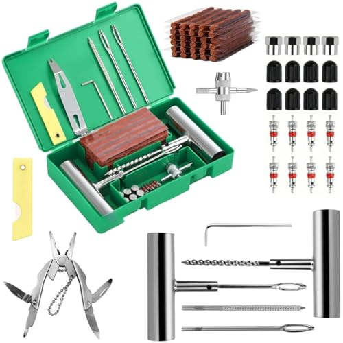 NOOGUI - Kit Riparazione Pneumatici Auto - Kit Foratura Moto - Riparazione in 15 Minuti - Include 58 Pezzi con 30 Strisce, Attrezzi a T, Valvole, Pinza e Coltello - Kit Riparazione Gomme
