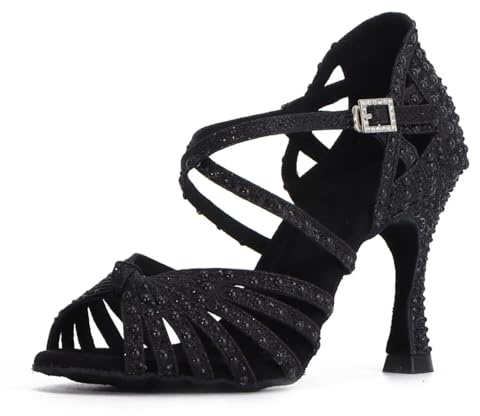 Syrads Scarpe da Ballo da Sala con Strass da Donna Scarpe da Ballo Salsa Latina Scarpe da Ballo con Cinturino Incrociato Scarpe da Ballo da Sala,Nero 9cm Heel,41 EU
