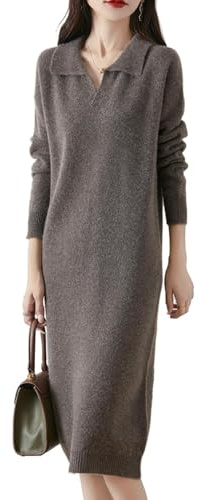 Ailaile Vestido tipo suéter de manga larga para mujer, 100 % lana merino, cuello abatible, para otoño e invierno, Camel Oscuro (Dark Camel), Large