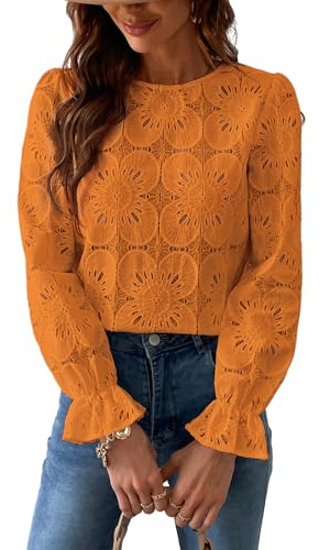 CUPSHE Blusa para mujer con cuello redondo, manga larga, puños elásticos, camisa elegante